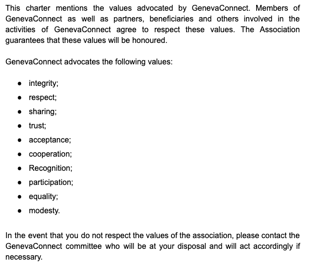 I have read and accept the GenevaConnect Values Charter.